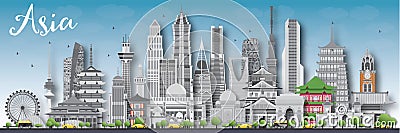 Asia skyline silhouette with different landmarks. Cartoon Illustration