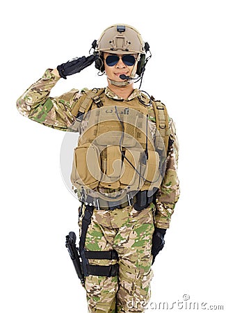 Asia Soldier in military uniform saluting over white background Stock Photo