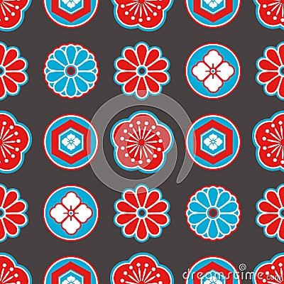 Asia style seamless pattern with red and blue Japanese ornamental flowers and geometrical elements on black background Stock Photo