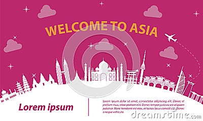 Asia top famous landmark silhouette style on white curve,trip a Cartoon Illustration