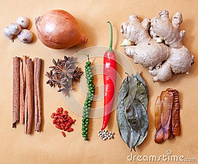 Asia tropical spice herb vegetable garlic,cinnamon stick onion c Stock Photo