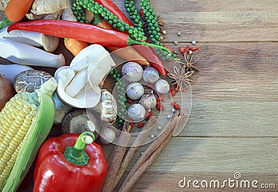 Asia vegetable food and herb spice on wood table Stock Photo