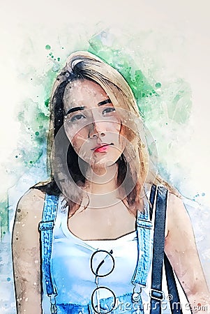 Asia woman smile portrait on watercolor illustration painting background. Cartoon Illustration