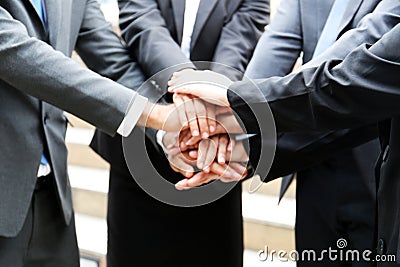 Asia young persons teamwork handshake business concept at outdoor. Stock Photo