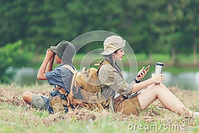 Asia young woman and boy travel nature summer trips Stock Photo