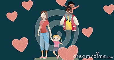 Asian adoptee/daughter holding hands with diverse couple, surrounded by hearts Stock Photo
