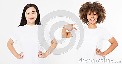 Asian and african american women in blank white t shirt isolated on white background. Multi ethnic and multination concept. Set Stock Photo