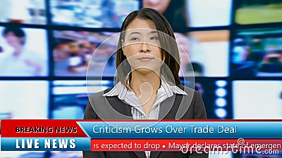 Asian American anchorwoman with lower thirds Stock Photo