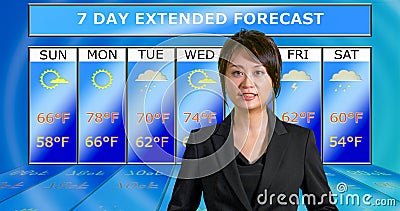 Asian American meteorologist reporting weather Stock Photo