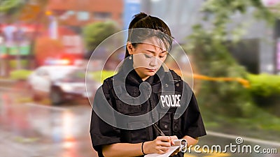 Asian American Police Officer at Crime scene Taking Notes Stock Photo