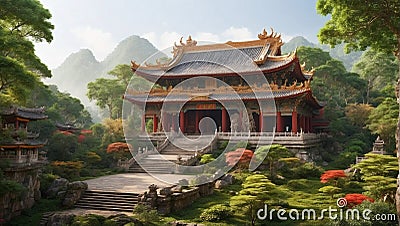 Asian ancient temple nestled deep in a serene forest environment Stock Photo