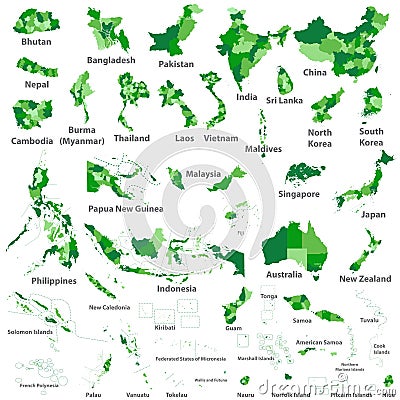 Asian, Australia and Oceania vector countries maps Vector Illustration