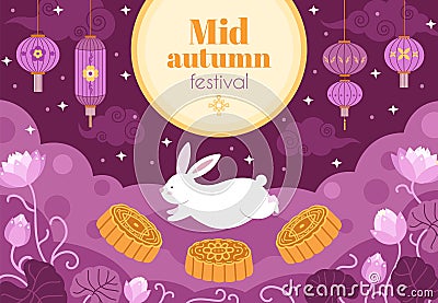 Asian autumn festival. Night fest, full moon light chinese holiday banner. Asian floral branch, mooncake and cute bunny Vector Illustration