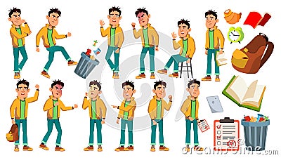 Asian Bad Boy Schoolboy Vector. High School Child. Children Study. Smile, Activity, Beautiful. For Web, Brochure, Poster Vector Illustration