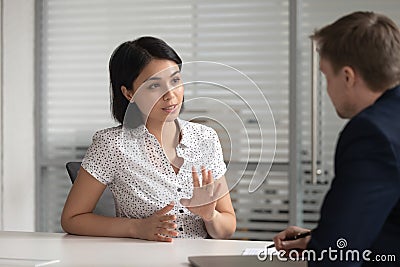 Asian bank manager job applicant talk to hr consult customer Stock Photo