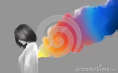 asian beautiful girl and colorful smoke flare, digital illustration art painting style. Cartoon Illustration