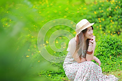 Asian beautiful young girl,wear floral maxi dress Stock Photo