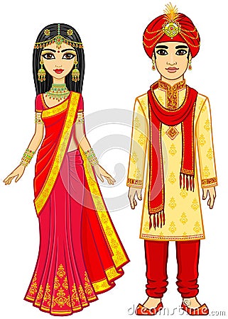 Asian beauty. Animation Indian family in traditional clothes. Vector Illustration