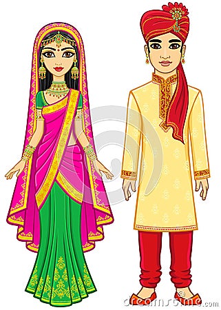 Asian beauty. Animation Indian family in traditional clothes. Vector Illustration