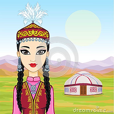 Cartoon drawing: ancient sacred Zikkurat, Goddess Ishtar, phases of the moon.Asian beauty. Animation portrait of a beautiful girl Vector Illustration