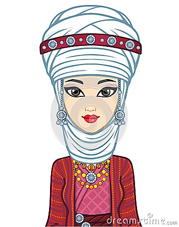 Asian beauty. Animation portrait of a beautiful girl in ancient national turban. Vector Illustration