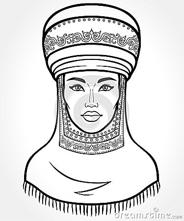 Asian beauty. Animation portrait of a beautiful girl in ancient national turban. Married woman `s headdress Vector Illustration