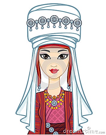 Asian beauty. Animation portrait of a beautiful girl in ancient national turban. Cartoon Illustration