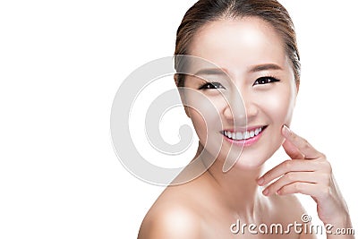 Asian beauty skincare woman touching skin on face, Beauty treatment concept. Stock Photo