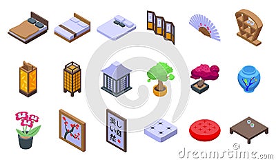 Asian bedroom icons set isometric vector. Large bed night Stock Photo