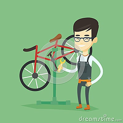 Asian bicycle mechanic working in repair shop. Vector Illustration