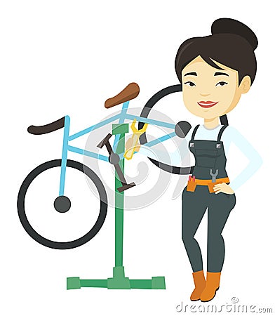 Asian bicycle mechanic working in repair shop. Vector Illustration