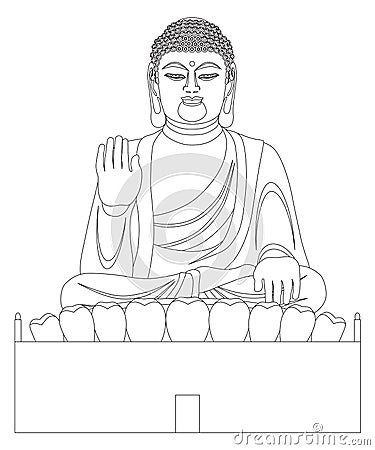 Asian Big Buddha Black and White Line Art Vector Illustration