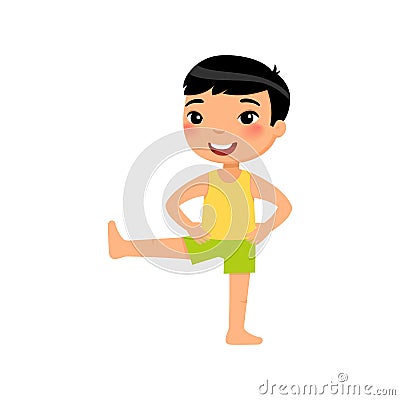 Asian boy doing morning sport exercises flat vector illustration. Vector Illustration