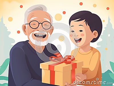 asian boy give gift to grandapa, new year birthday concept,ai generated Stock Photo