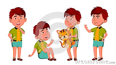 Asian Boy Kindergarten Kid Poses Set Vector. Friendly Little Children. Cute, Comic. For Web, Brochure, Poster Design Vector Illustration