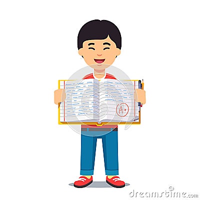 Asian boy and open work book with handwriting Vector Illustration