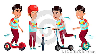 Asian Boy Vector. Primary School Child. Student Expression. Summer Activity. Bike, Scooter. Rides On Mono Cycle Vector Illustration