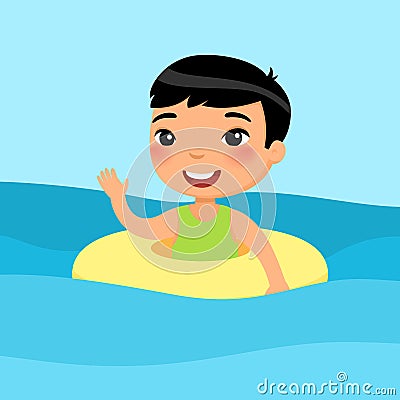 Asian boy swimming with inflatable ring flat vector illustration Vector Illustration