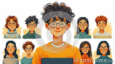 Asian Boy Using Tablet for Video Call with Smiling Diverse High School Pupils AI Generated Cartoon Illustration