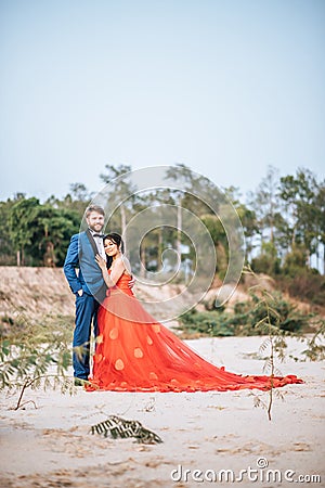 Asian bride and Caucasian groom have romance time and happy Stock Photo