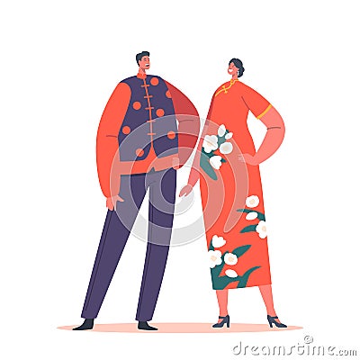 Asian Bride and Groom Characters in Bridal Kimono During Marriage Ceremony. Traditional Japanese Wedding, Newlywed Vector Illustration