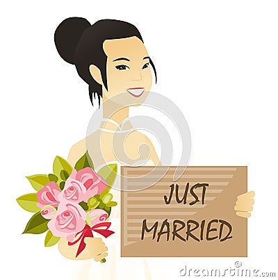 Asian bride holding a plate with text just married Vector Illustration