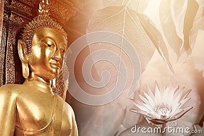 Asian Buddha in Thai temple with lotus bodhi symbol of wisdom peace and nirvana Stock Photo