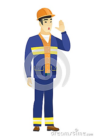 Asian builder calling for help. Vector Illustration