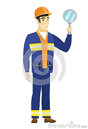 Asian builder holding hand mirror. Vector Illustration