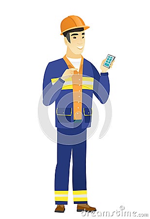 Asian builder holding a mobile phone. Vector Illustration