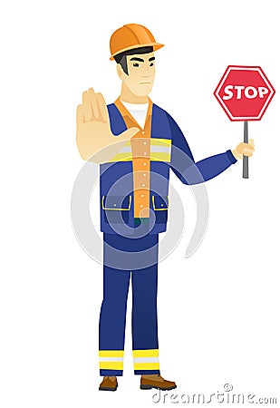 Asian builder holding stop road sign. Vector Illustration