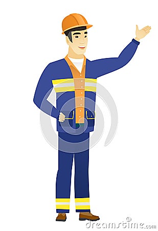 Asian builder showing a direction. Vector Illustration