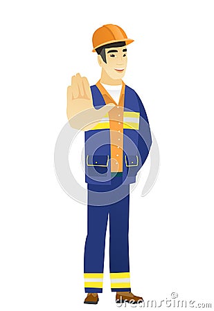 Asian builder showing palm hand. Vector Illustration