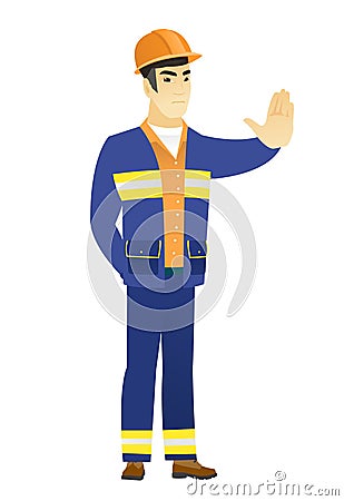 Asian builder showing stop hand gesture. Vector Illustration